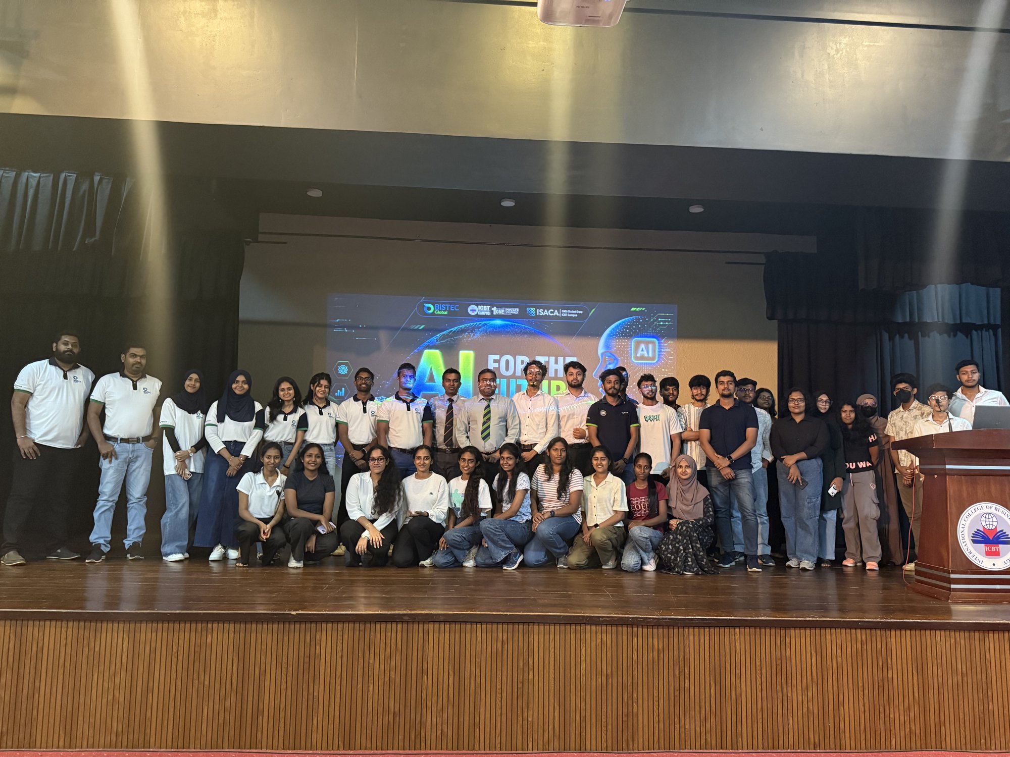 Students and the BISTEC Global team on stage at ICBT Campus after the AI for the Future session
